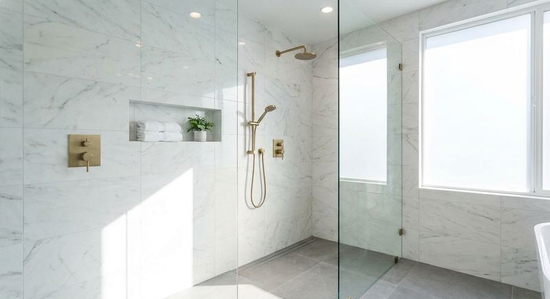 Frameless glass shower enclosure installed by Trini Homes in Gainesville FL