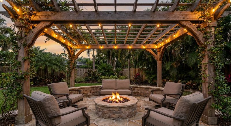 Cedar pergola over a stone patio with fire pit and string lights