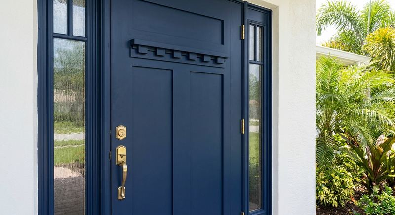 New navy craftsman entry door on a Gainesville FL home by Trini Homes