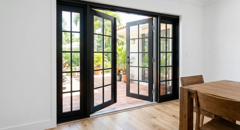 Black-framed French doors opening from a dining room to a patio