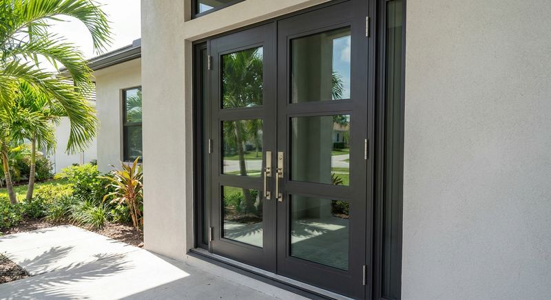 Charcoal impact-rated double entry doors on a Florida home