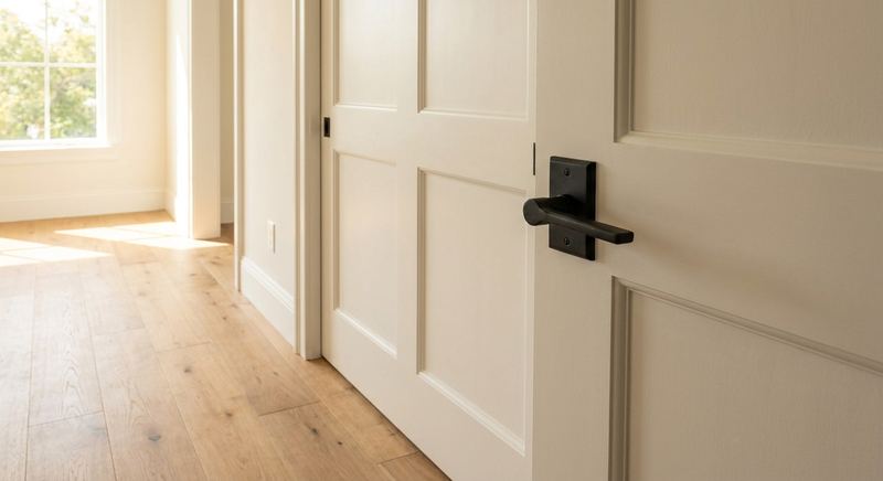 White shaker interior doors with black matte hardware in a bright hallway