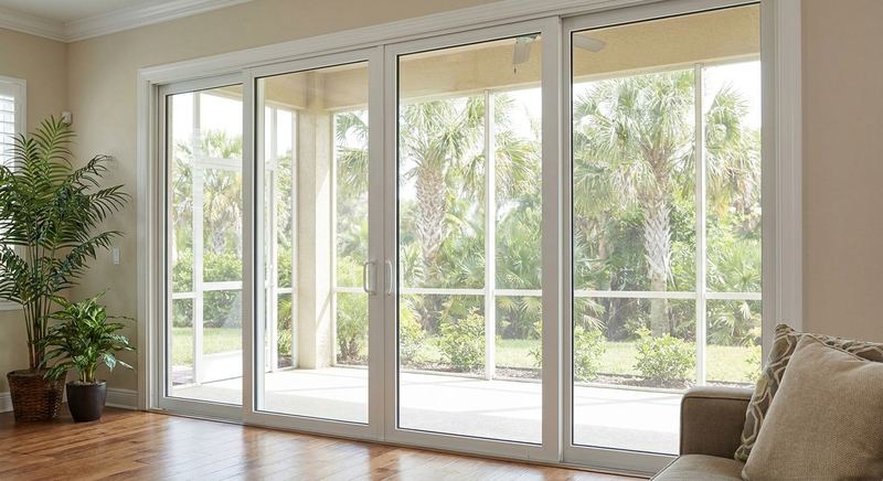 New sliding glass patio door opening to a Florida lanai