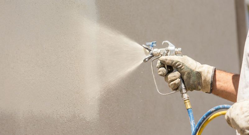 Exterior paint being airless-sprayed onto primed stucco siding