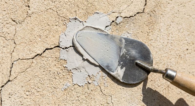 Stucco crack being patched with compound