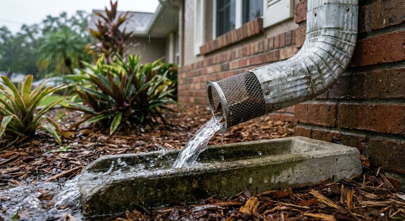 Aluminum downspout draining rainwater away from a home foundation in Gainesville FL