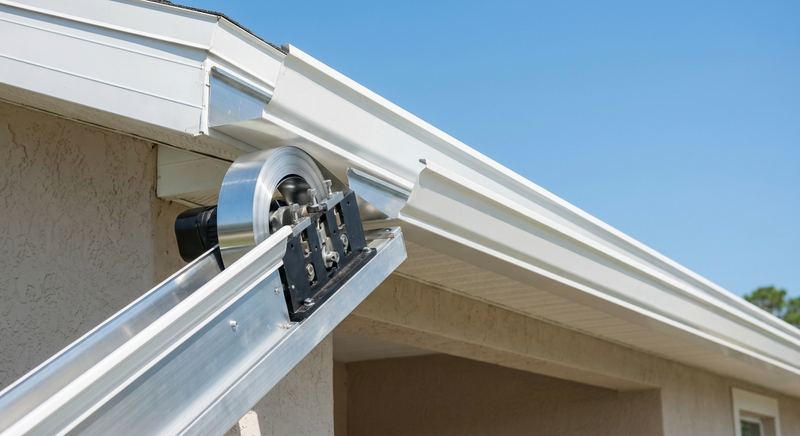 Seamless gutter machine forming aluminum gutter runs on a Gainesville FL job site