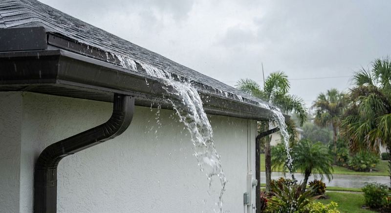 Oversized six-inch gutters handling heavy Florida rain on a Gainesville home