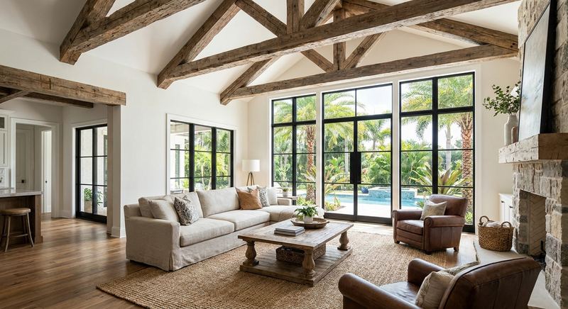 Vaulted family room addition with wood beams and big windows