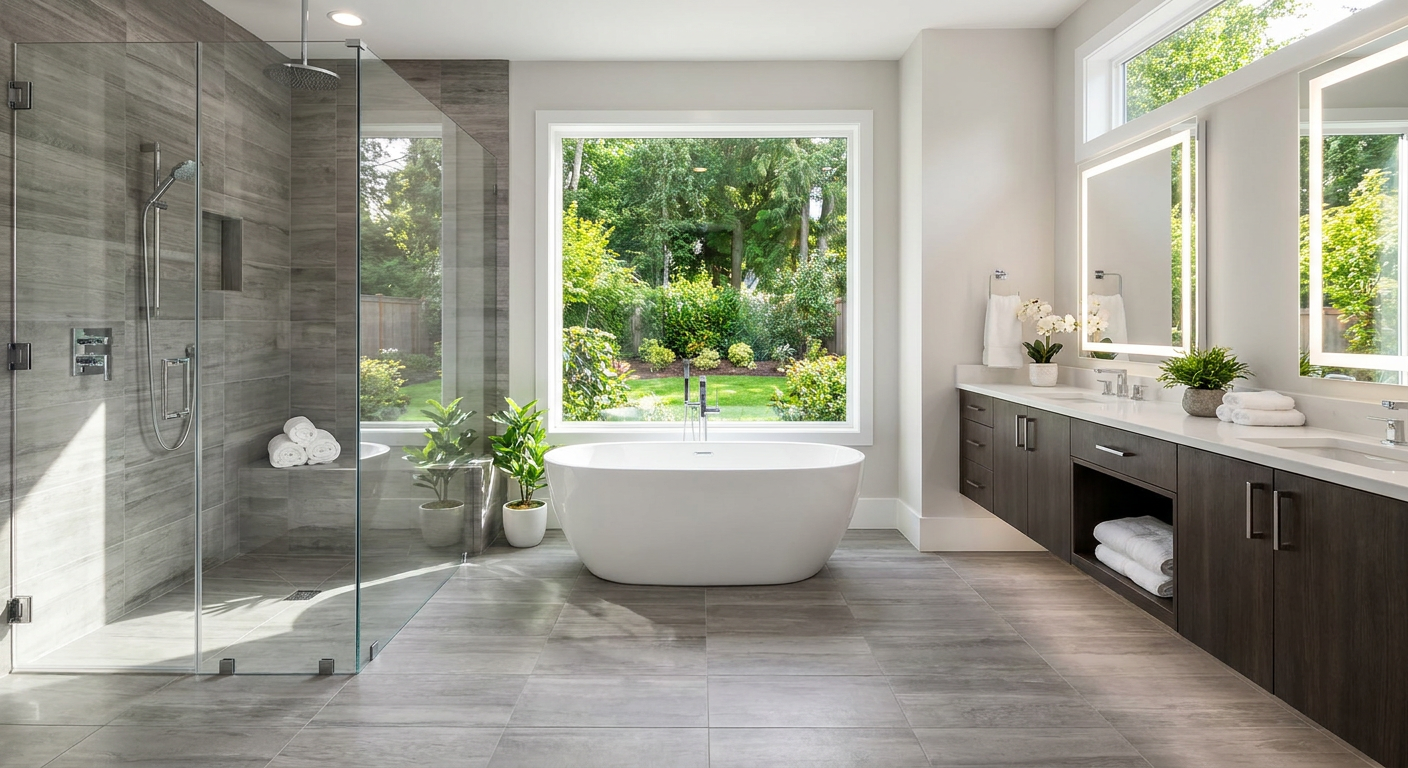 Spa bathroom remodel with freestanding soaking tub and walk-in shower by Trini Homes in Gainesville FL