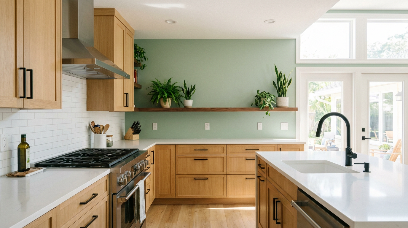 Light oak kitchen remodel with white subway tile and sage accent wall by Trini Homes in Gainesville FL