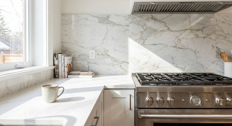 White quartz kitchen countertop with marble-look backsplash in a Gainesville FL kitchen remodel by Trini Homes