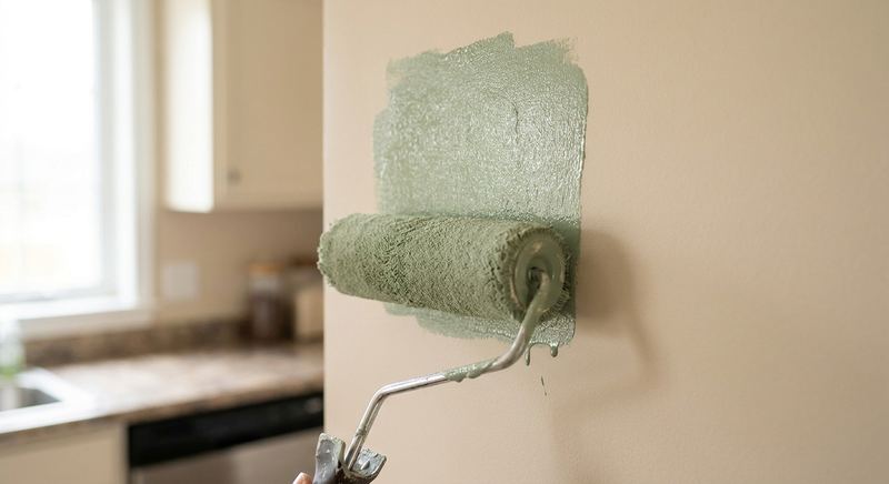Sage green paint applied to a kitchen wall by Trini Homes in a Gainesville FL kitchen remodel