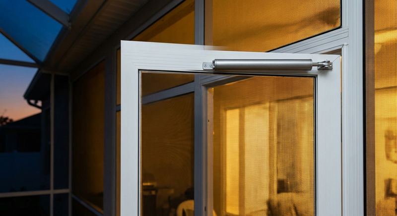 Heavy-duty screen door with hydraulic closer on a lanai entry