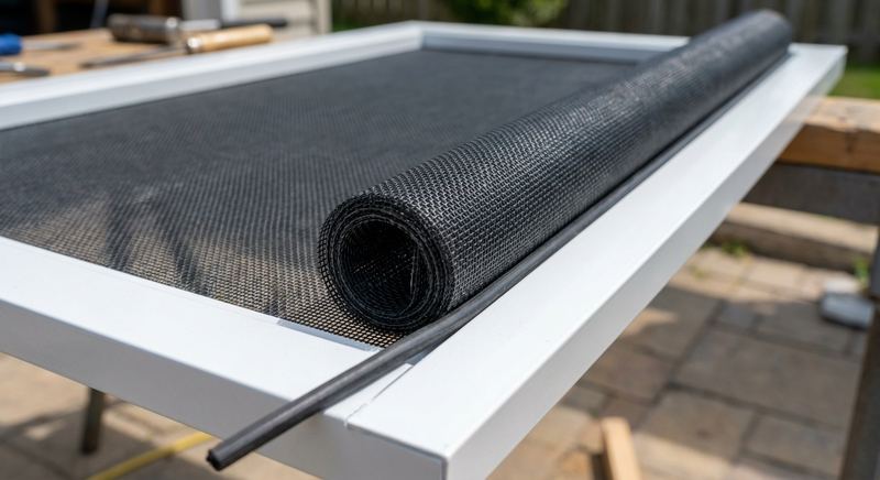 Fiberglass screen mesh installed taut on a white aluminum frame