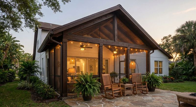 Vaulted screen porch addition with rocking chairs on a Florida home